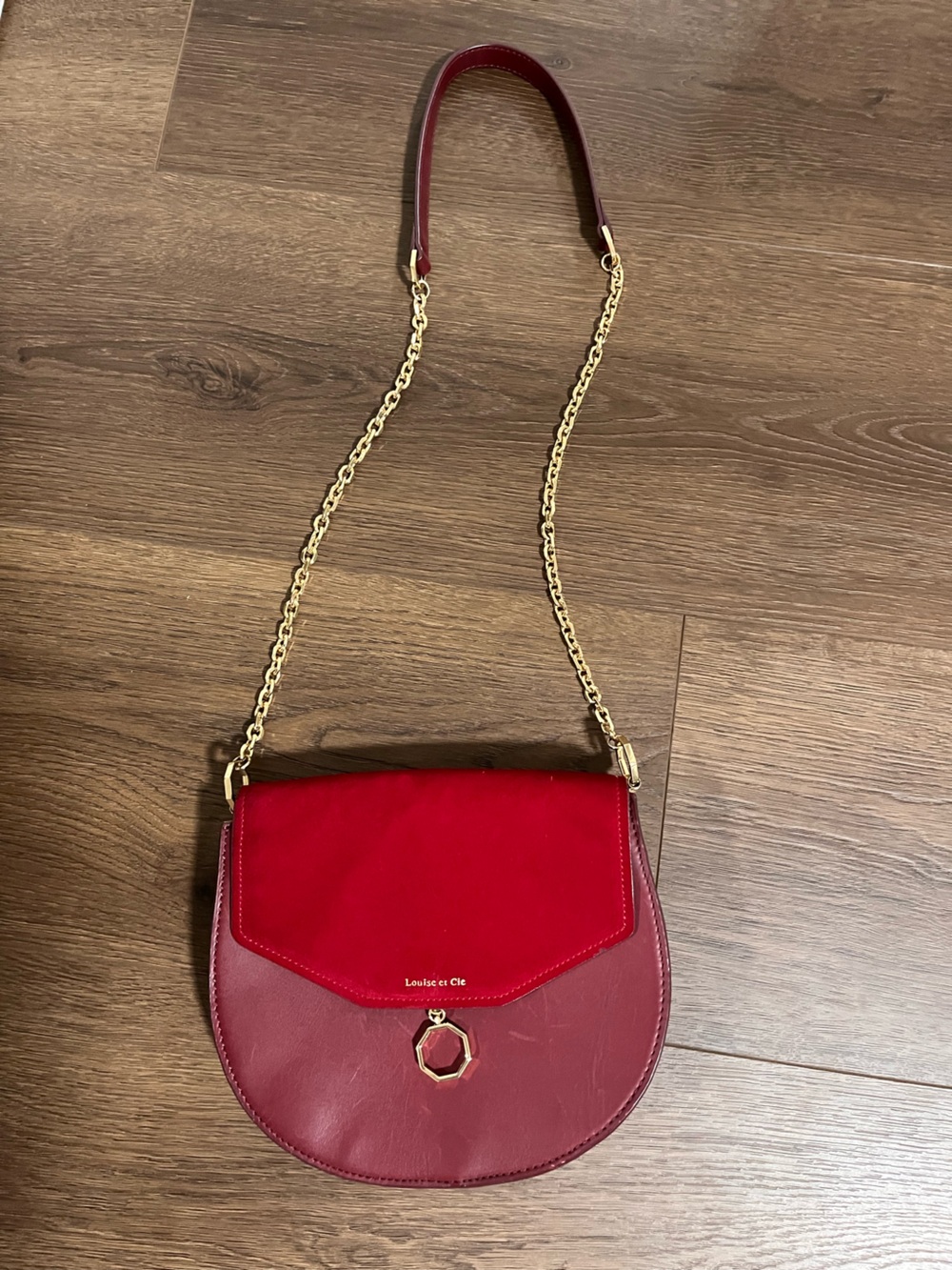 Louise et Cie Red Two-Tone Suede & Leather Crossbody with Gold Chain
